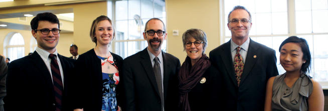 Celebrating at the May 2 awards ceremony were (left to right) Academic Awards Committee Co-chair Erik Kogut ’12, AAC Co-chair Lindsay White ’13, associate professor David B. Lurie ’01 GSAS, the Gustave M. Berne Professor of Philosophy Christia Mercer, Dean James J. Valentini and AAC Co-chair Cathi Choi ’13.Photo: Daniella Zalcman '09